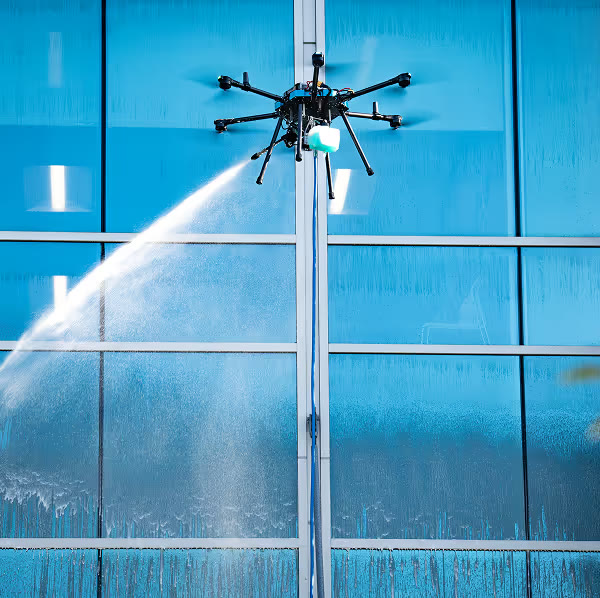 Acercamiento del dron de Aeral aplicando agua a presión sobre la fachada
